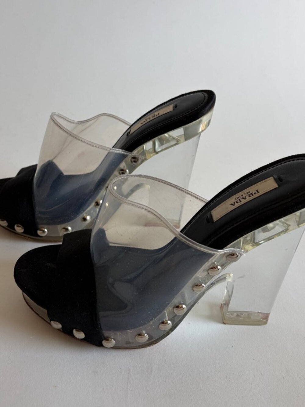 VINTAGE PRADA 2010 RUNWAY CLEAR STUDDED HEELS - Picture 6 of 12